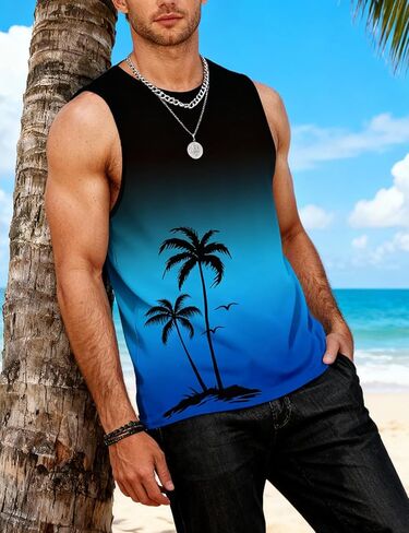 Mens Tank Tops Summer Gradient Sleeveless Shirts Hawaiian Print Vacation Tanks for Men Workout T-Shirt in Saudi Arabia