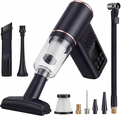 5-in-1 Portable Tire Inflator and Car Vacuum Cordless, 150PSI Smart Air Compressor with Auto Shut-Off, Powerful Suction Handheld Vacuum for Pet Hair, Blower Function, LED Light in Saudi Arabia