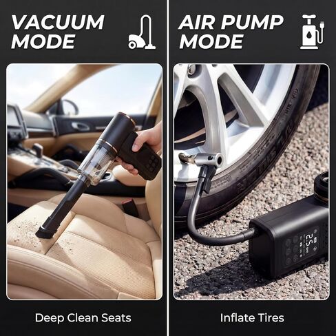 5-in-1 Portable Tire Inflator and Car Vacuum Cordless, 150PSI Smart Air Compressor with Auto Shut-Off, Powerful Suction Handheld Vacuum for Pet Hair, Blower Function, LED Light in Saudi Arabia