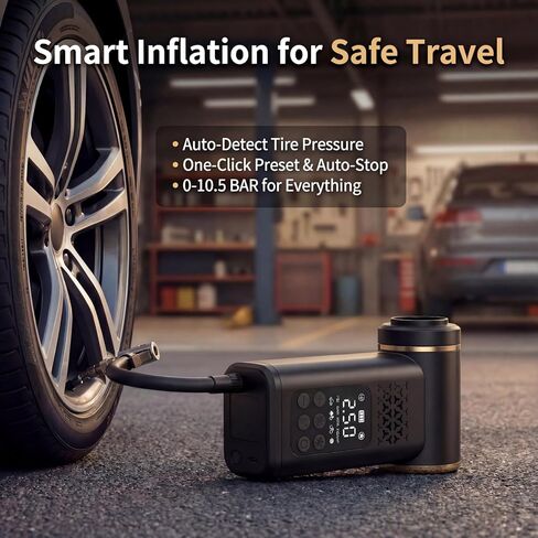 5-in-1 Portable Tire Inflator and Car Vacuum Cordless, 150PSI Smart Air Compressor with Auto Shut-Off, Powerful Suction Handheld Vacuum for Pet Hair, Blower Function, LED Light in Saudi Arabia