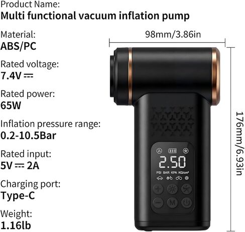 5-in-1 Portable Tire Inflator and Car Vacuum Cordless, 150PSI Smart Air Compressor with Auto Shut-Off, Powerful Suction Handheld Vacuum for Pet Hair, Blower Function, LED Light in Saudi Arabia
