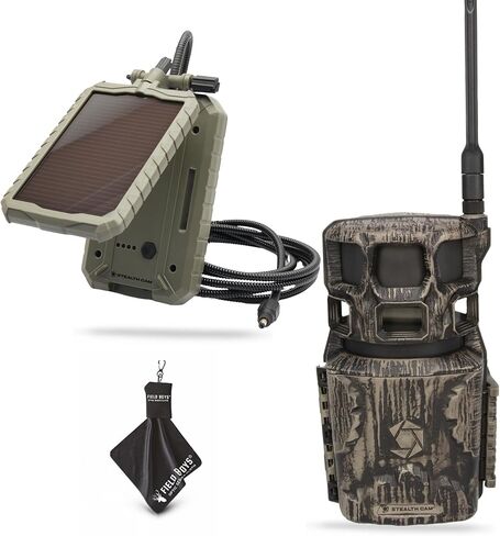 كاميرا Stealth Cam Revolver Pro 2.0 - 360 درجة مع مسح تلقائي، فلاش IR بدون توهج، سرعة تشغيل 0.4 ثانية، فيديو عالي الدقة، متوافق مع Verizon/AT&T يتضمن لوحة شمسية وقماش (1PK) in Kuwait