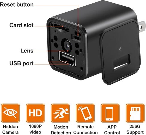 شاحن كاميرا مخفية بدقة 1080 بكسل - كاميرا تجسس صغيرة تعمل بتقنية WiFi - كاميرا أمان داخلية لاسلكية مدمجة - كاميرا صغيرة سرية مع تطبيق تغذية مباشرة in Kuwait