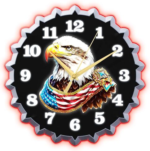 Neon Wall Clock, 12 Inch, Americn Flag & Bald Eagle Graphics, Stunning 3D Glow Effect, Non Ticking Clocks, for Living Room/Bedroom/Office/Garage/Bar/Game Room Decor in Saudi Arabia