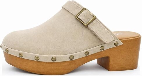 TruFox Women's Clogs Faux Wood Heel Slip On Mules with Optional Slingback Strap Studded Platform Comfortable Low Heel Mule Clog in Saudi Arabia