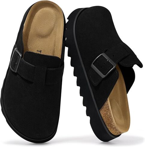TEMOFON Women's Platform Clogs Shoes: Genuine Leather Slip on Mules Comfortable Cork Footbed Closed Toe Sandals Shoes in Saudi Arabia