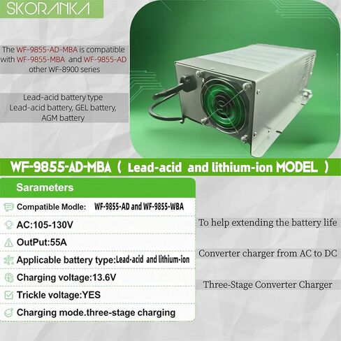 ترقية 2025 WF-9855-AD-MBA محول طاقة 55 أمبير، محول طاقة Rv لبطاريات الرصاص الحمضية والليثيوم أيون، بديل لسلسلة RV Trailer Camper 9800، WF-9855-AD/MBA/AN/LIS، ضمان 6 سنوات in Kuwait