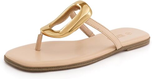 صنادل Rihero Flip Flops للنساء، صنادل مسطحة مريحة بمقدمة مربعة سهلة الارتداء في الصيف على الشاطئ مع زخرفة معدنية in Kuwait