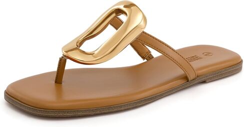 صنادل Rihero Flip Flops للنساء، صنادل مسطحة مريحة بمقدمة مربعة سهلة الارتداء في الصيف على الشاطئ مع زخرفة معدنية in Kuwait