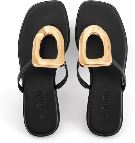 صنادل Rihero Flip Flops للنساء، صنادل مسطحة مريحة بمقدمة مربعة سهلة الارتداء في الصيف على الشاطئ مع زخرفة معدنية in Kuwait