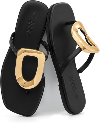 صنادل Rihero Flip Flops للنساء، صنادل مسطحة مريحة بمقدمة مربعة سهلة الارتداء في الصيف على الشاطئ مع زخرفة معدنية in Kuwait