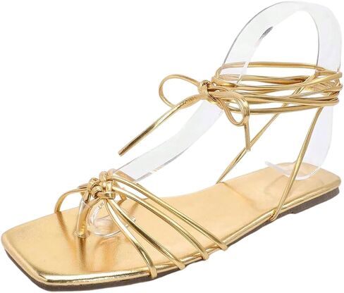 OYOANGLE Women's Lace Up Strappy Flat Sandals Metallic Square Open Toe Fancy Flats Tie Up Shoes in Saudi Arabia