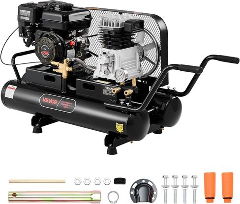 VEVOR 9 Gallon Twin-Tank Gas Powered Air Compressor, 6.5HP 9CFM Gas Driven Air Compressor Tank on Wheels, Max 115PSI Piston Pump Air-Compressed System for Tire Inflation, Auto Repairs, Spray Painting in Saudi Arabia