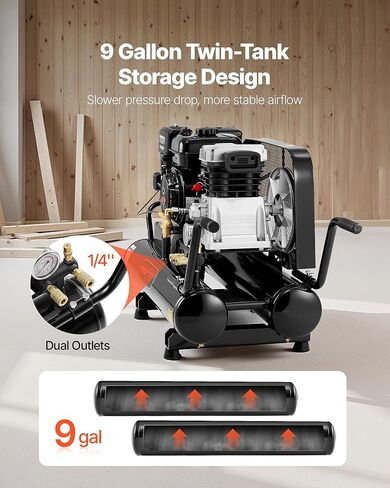 VEVOR 9 Gallon Twin-Tank Gas Powered Air Compressor, 6.5HP 9CFM Gas Driven Air Compressor Tank on Wheels, Max 115PSI Piston Pump Air-Compressed System for Tire Inflation, Auto Repairs, Spray Painting in Saudi Arabia