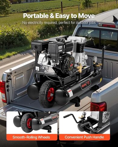 VEVOR 9 Gallon Twin-Tank Gas Powered Air Compressor, 6.5HP 9CFM Gas Driven Air Compressor Tank on Wheels, Max 115PSI Piston Pump Air-Compressed System for Tire Inflation, Auto Repairs, Spray Painting in Saudi Arabia