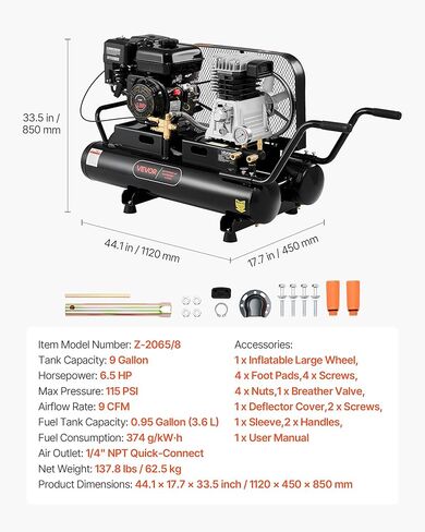 VEVOR 9 Gallon Twin-Tank Gas Powered Air Compressor, 6.5HP 9CFM Gas Driven Air Compressor Tank on Wheels, Max 115PSI Piston Pump Air-Compressed System for Tire Inflation, Auto Repairs, Spray Painting in Saudi Arabia