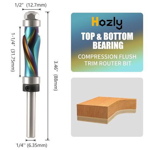 Hozly Carbide Compressiom Flush Trim Router Bit 1/4 Shank,DLC Coated, Top & Bottom Bearing,1/2" Cutting Dia,Spiral Up Down Pattern Template Flush Cut for Wood Trimming in Saudi Arabia
