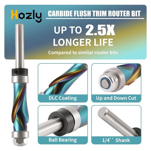 Hozly Carbide Compressiom Flush Trim Router Bit 1/4 Shank,DLC Coated, Top & Bottom Bearing,1/2" Cutting Dia,Spiral Up Down Pattern Template Flush Cut for Wood Trimming in Saudi Arabia
