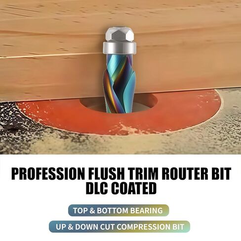 Hozly Carbide Compressiom Flush Trim Router Bit 1/4 Shank,DLC Coated, Top & Bottom Bearing,1/2" Cutting Dia,Spiral Up Down Pattern Template Flush Cut for Wood Trimming in Saudi Arabia