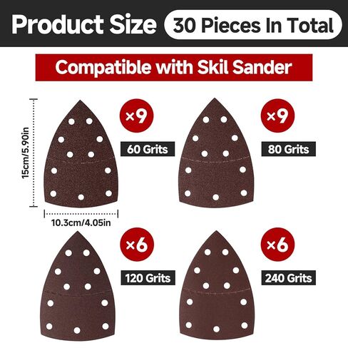 30 قطعة من وسائد الصنفرة البديلة المتوافقة مع Skil، ورق الصنفرة التفصيلي 60/80/120/240 حبيبات مختلطة، ورق الصنفرة المزود بخطاف وحلقة خلفية، لآلات الصنفرة بتفاصيل الماوس، تصميم 11 فتحة in Kuwait