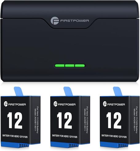 بطارية FirstPower Hero 12/11/10/9 3 عبوات 2250 مللي أمبير في الساعة وشاحن USB سريع ثلاثي الفتحات متوافق تمامًا مع كاميرا GoPro Hero 12، وGoPro Hero 11، وGoPro Hero 10، وGoPro Hero 9، أسود in Kuwait