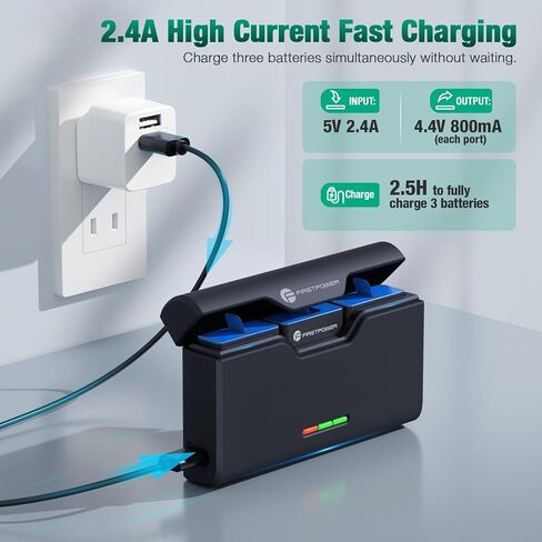 بطارية FirstPower Hero 12/11/10/9 3 عبوات 2250 مللي أمبير في الساعة وشاحن USB سريع ثلاثي الفتحات متوافق تمامًا مع كاميرا GoPro Hero 12، وGoPro Hero 11، وGoPro Hero 10، وGoPro Hero 9، أسود in Kuwait