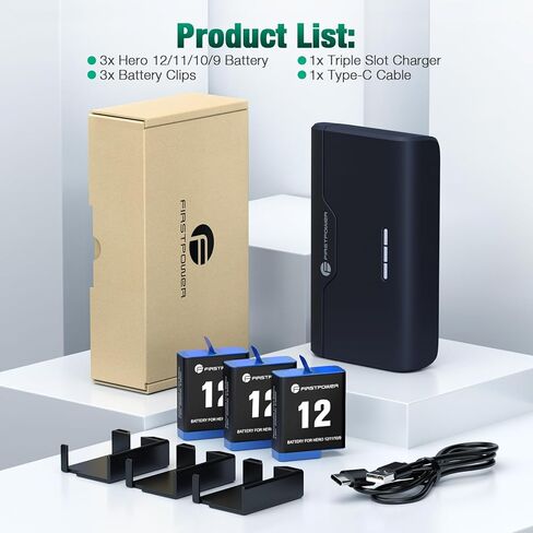بطارية FirstPower Hero 12/11/10/9 3 عبوات 2250 مللي أمبير في الساعة وشاحن USB سريع ثلاثي الفتحات متوافق تمامًا مع كاميرا GoPro Hero 12، وGoPro Hero 11، وGoPro Hero 10، وGoPro Hero 9، أسود in Kuwait