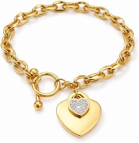 Gold Jewelry for Women, 18K Gold Plated Stainless Steel Bracelet Heart Chain with Toggle Clasp, Trendy, with Gift for Her in Saudi Arabia
