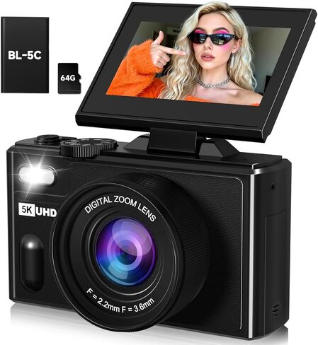 الكاميرا الرقمية ، كاميرا سفر 5K كاميرا 80 ميجابكسل للتصوير الكاميرا المدونة للتصوير من أجل YouTube مع شاشة Flip بنسبة 3 "180 درجة مع 18x تكبير تلقائي تلقائي in Kuwait