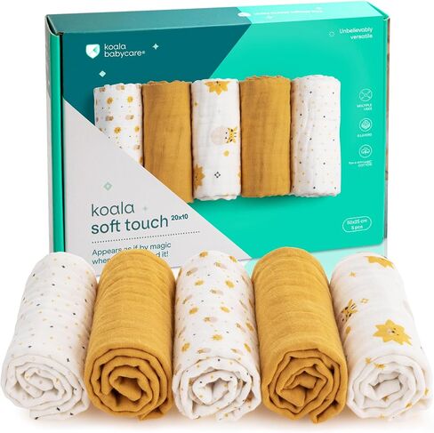 Koala Babycare 5 Pack 20"x10" Organic Burp Cloths for Baby Boys and Girls - GOTS & OEKO-TEX Cotton Burp Rags for Newborns - Absorbent Neutral Burping Cloths for Feeding - Washable Baby Bibs Essentials in Saudi Arabia
