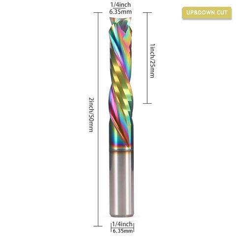 Hozly 2 PCS UP&Down Compression Spiral Router Bits 1/4" Shank 1 Inch Cutting Length 2 Inch OVL, Solid Carbide CNC End Mill with DLC Extra Long Life Coating for Wood Carving Engraving Grooving in Saudi Arabia