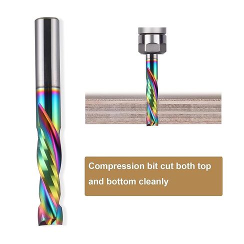 Hozly 2 PCS UP&Down Compression Spiral Router Bits 1/4" Shank 1 Inch Cutting Length 2 Inch OVL, Solid Carbide CNC End Mill with DLC Extra Long Life Coating for Wood Carving Engraving Grooving in Saudi Arabia