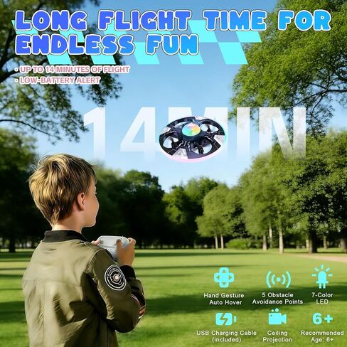 Mini UFO Drone for Kids – Safe RC Toy with 7 LED lighting modes, 360° Flips, Light Projection onto Ceilings, Auto Hover, Hand Gesture, 2 Batteries(14 Min Flight), Ideal Fun Gift for Kids in Saudi Arabia