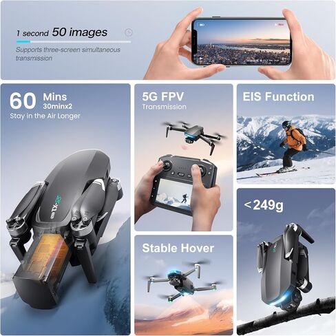 طائرات بدون طيار بنظام تحديد المواقع بدقة 4K مع كاميرا للبالغين، شاشة LCD FPV مقاس 4.5 بوصة، محور ثلاثي المحاور، بطاريتان للطيران لمدة 60 دقيقة، طائرة رباعية المروحية RC قابلة للطي بوزن أقل من 249 جرام، عودة تلقائية إلى المنزل، اتبعني، طيران دائري، حقيبة  in Kuwait