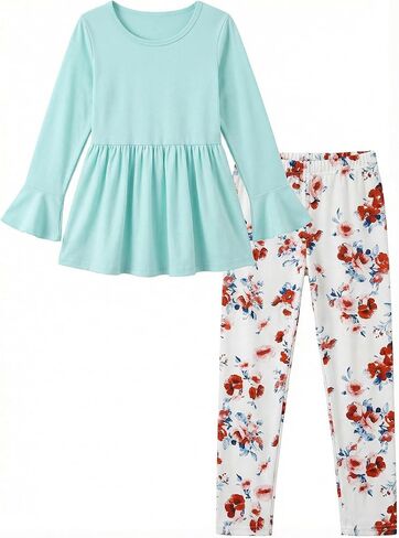 Arshiner Girls 2 Piece Clothing Set Floral Ruffle Hem Bell Sleeve Top and Leggings Fall Winter Outfits for 2-10 Years in Saudi Arabia