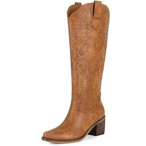 ZJA Cowgirl Knee High Pointed Toe Western Boots Cowboy Boots for Women Chunky Heel Fall Fashion Hand Embroidery in Saudi Arabia