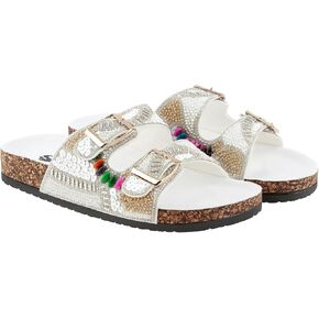 Women's Beaded Slide Sandals with Buckle Straps | Handmade Sequin Embellished Slip-On Sandals | Cork Sole Open Toe Flats | Lightweight Summer Slides for Casual, Travel, Beach, or Lounge Wear in Saudi Arabia