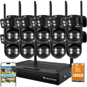 [كاميرا 2 في 1] نظام كاميرا أمان لاسلكية VeryFocal 10CH 20 عرض للمنزل، شبكة WiFi 6 طويلة المدى، 10x كاميرا CCTV مزدوجة العدسة، 10CH 4K NVR، مراقبة 24/7، تخزين مجاني لمدة 20 يومًا بسعة 500 جيجابايت، بدون رسوم شهرية in Kuwait