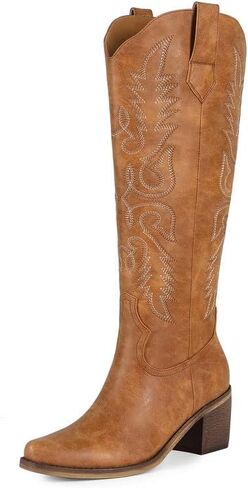 ZJA Cowgirl Knee High Pointed Toe Western Boots Cowboy Boots for Women Chunky Heel Fall Fashion Hand Embroidery in Saudi Arabia