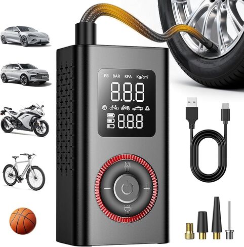 Tire Inflator Portable Air Compressor with Type-C Charging, Digital Pressure Gauge, LED Light, Smart Air Pump for Car, Motorcycle, Bike, Ball in Saudi Arabia