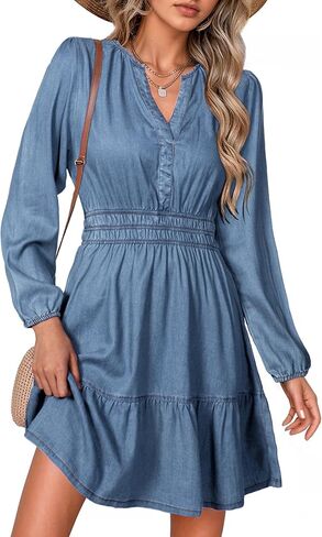 Simplee Womens Fall Denim Dress Casual Long Sleeve V Neck Empire Waist Ruffle A Line Flowy Short Jean Dresses with Pockets in Kuwait