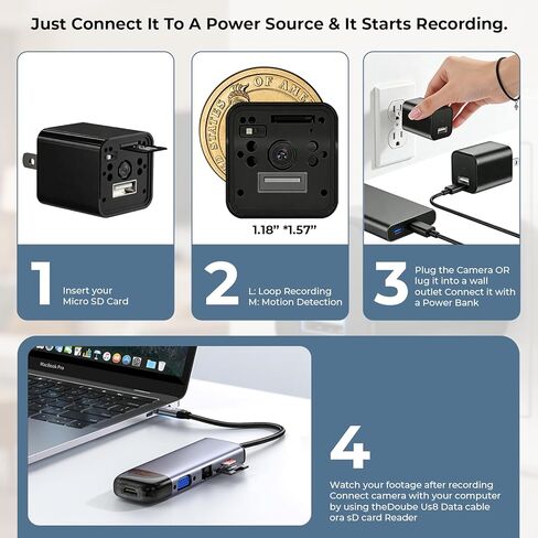 كاميرا تجسس بشاحن USB مخفي - كاميرا مربية لاسلكية صغيرة بدقة 1080 بكسل كاملة الوضوح مع رؤية ليلية، كشف الحركة لأمن المنزل، مراقبة الحيوانات الأليفة، مراقبة سرية داخلية in Kuwait