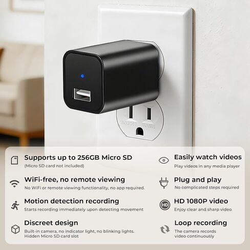 كاميرا تجسس بشاحن USB مخفي - كاميرا مربية لاسلكية صغيرة بدقة 1080 بكسل كاملة الوضوح مع رؤية ليلية، كشف الحركة لأمن المنزل، مراقبة الحيوانات الأليفة، مراقبة سرية داخلية in Kuwait