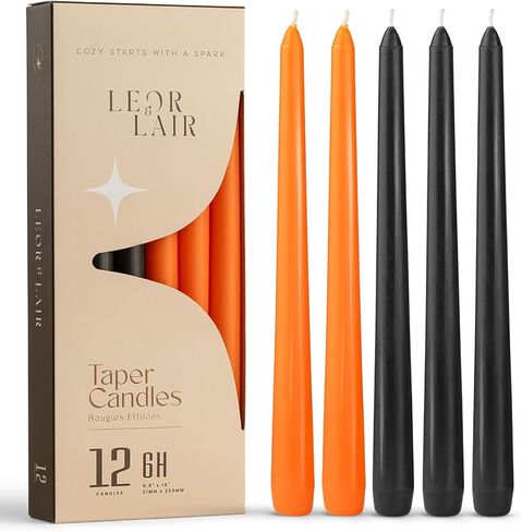 Leor & Lair Halloween Taper Candles - 4 Pack 10" Orange & Black Candlesticks - 6 Hour Long Burning Candles for Halloween Decoration, Dinner Table, Holidays in Saudi Arabia