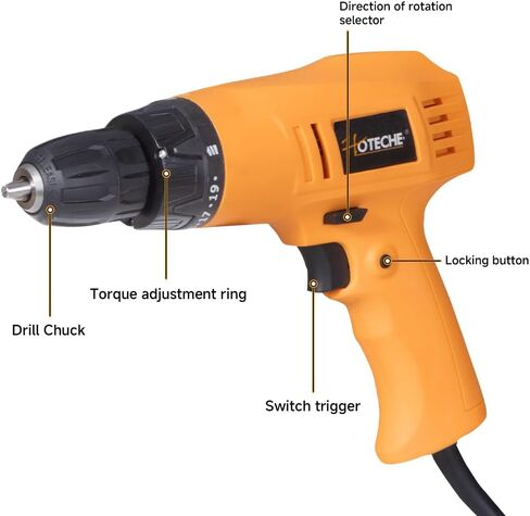Hoteche 320W 10mm Torque Drill, 19+1 Torque Settings Corded Electric Drill for Metal (10mm) & Wood (20mm), Yellow, Color Box Packaging in Saudi Arabia