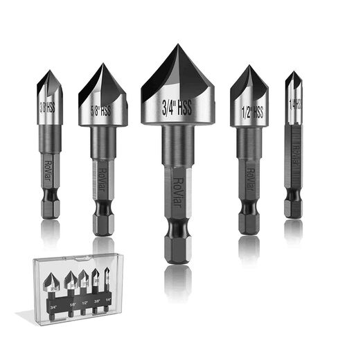RoViar Countersink Drill Bit Set, 5-Piece HSS High Speed Steel Bits 1/4" 3/8" 1/2" 5/8" 3/4" Hex Shank for Wood Metal Deburring Chamfering, Gold Black Finish in Saudi Arabia