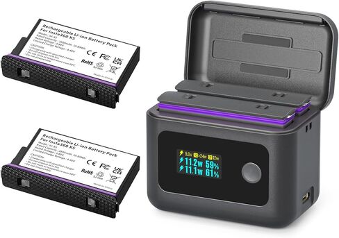 Insta 360 X5 Batteries(2 Packs) with Fast Charge Hub 24W Dual Fast Charging Case w/LCD Display Shows Battery SOC in Saudi Arabia