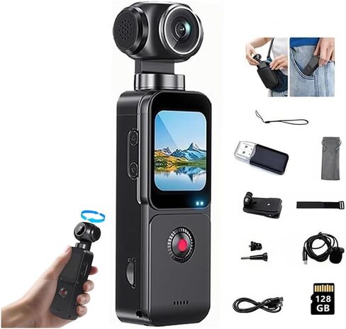 5K HD Pocket Camcorder ,5K Video & 16MP Photo,Automatic rotation 270° Rotation Wide Angle Lens,WiFi Handheld Body Worn Touchscreen with face recognition, and autofocus for Travel and Sport (128GB) in Kuwait