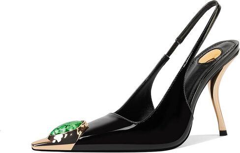 Women's Slingback Stiletto High Heels Crystal Metallic Closed Pointed Toe Pumps Patent Leather Slip on Elastic Strap 4 inch Heeled Sandals Fashion Party Dress Shoes for Women in Saudi Arabia