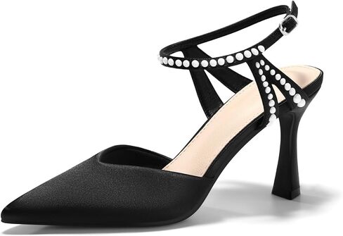Coutgo Womens High Heels Closed Pointed Toe Satin Pumps Pearl Ankle Strap Wedding Party Dress Shoes in Saudi Arabia